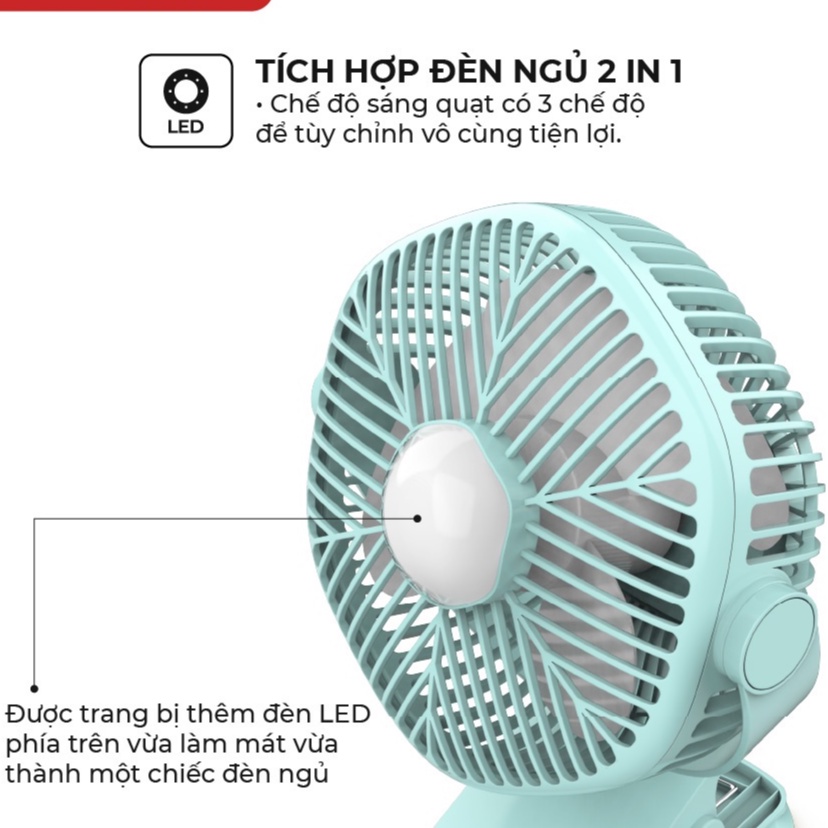 Quạt tích điện mini SunhouesSHD7111 Công suất 7-10W, Tích hợp đèn ngủ, Có 3 chế độ gió, Pin 5200maH, Sử dụng 4,5H
