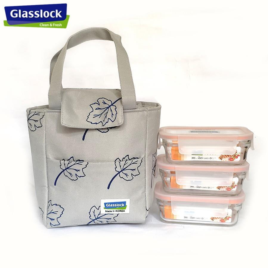 Bộ 3 hộp đựng cơm 390ml kèm túi giữ nhiệt Glasslock (Lunch390*3)