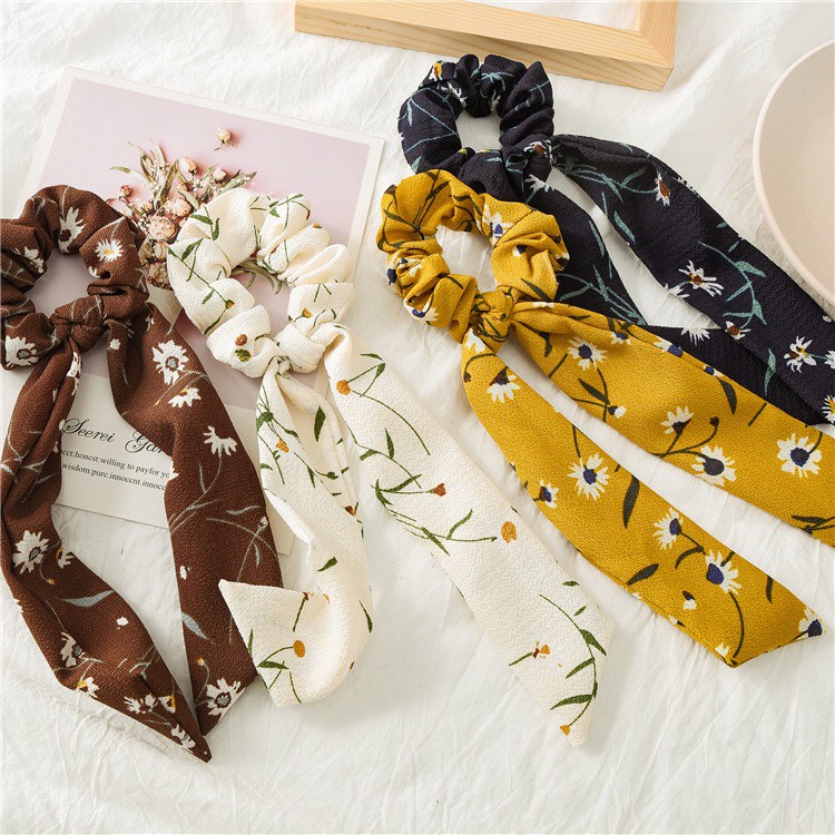 Cột tóc vải Scrunchies thắt nơ dài họa tiết hoa vintage xinh xắn phong cách hàn quốc - Mã SC012