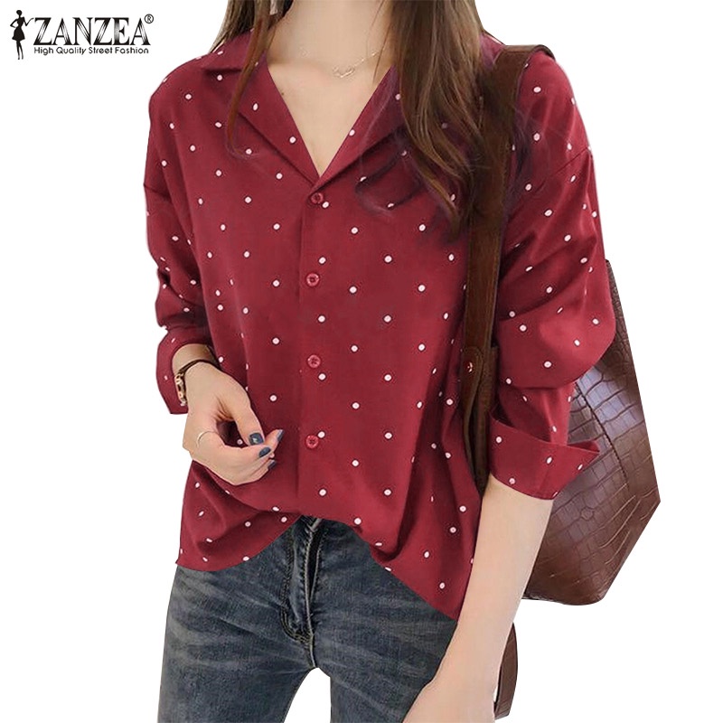 Áo sơ mi Zanzea cổ bẻ in họa tiết chấm bi phong cách Hàn Quốc thời trang cho nữ