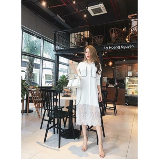 Đầm sơ mi trắng phối ren túi ngực đẹp