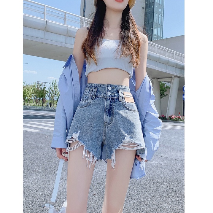 Porozi  Quần short denim lưng cao ống rộng thời trang Hàn Quốc cho nữ
