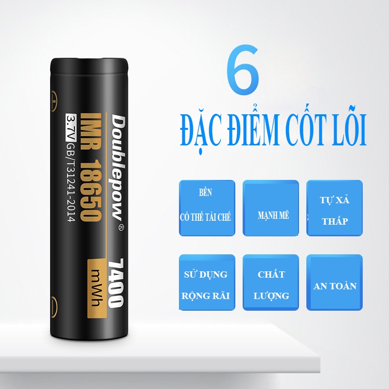 Pin sạc 18650 Lithium 7400mWh đầu nhọn/bằng chính hãng Doublepow công suất cao