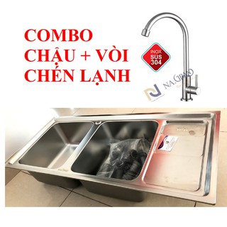 Combo chậu rửa chén bát inox 304 n9 10046 và vòi rửa chén lạnh inox 304 +bộ xả chậu