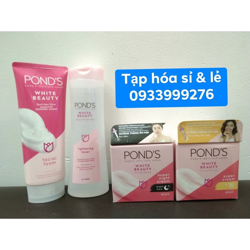 Bộ dưỡng trắng da Pond's ( Sữa rửa mặt 100g + nước hoa hồng 150ml + kem ban ngày 50g + kem ban đêm 50g)