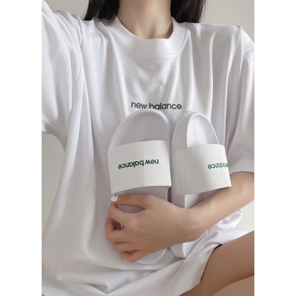 Dép quai ngang NB 1101 White Green &amp; T-shirt NB | Tặng kèm hộp | Hỗ trợ đổi size | Ảnh Thật