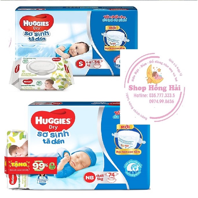 (Tặng khăn ướt) Tã/Bỉm dán sơ sinh Huggies S56/NB74