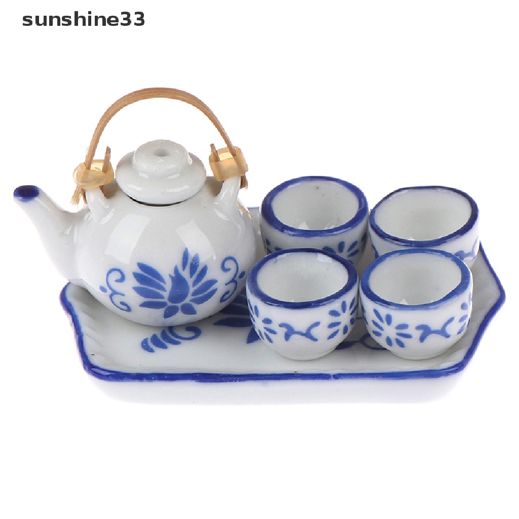 Set 6 món mô hình đĩa bình tách trà gốm xanh lam gợn sóng cho nhà búp bê