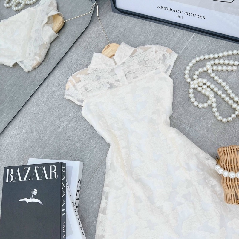 Đầm midi trắng gấm hoa cổ tàu tay tiên,váy nữ siêu xinh đi tiệc bao sang