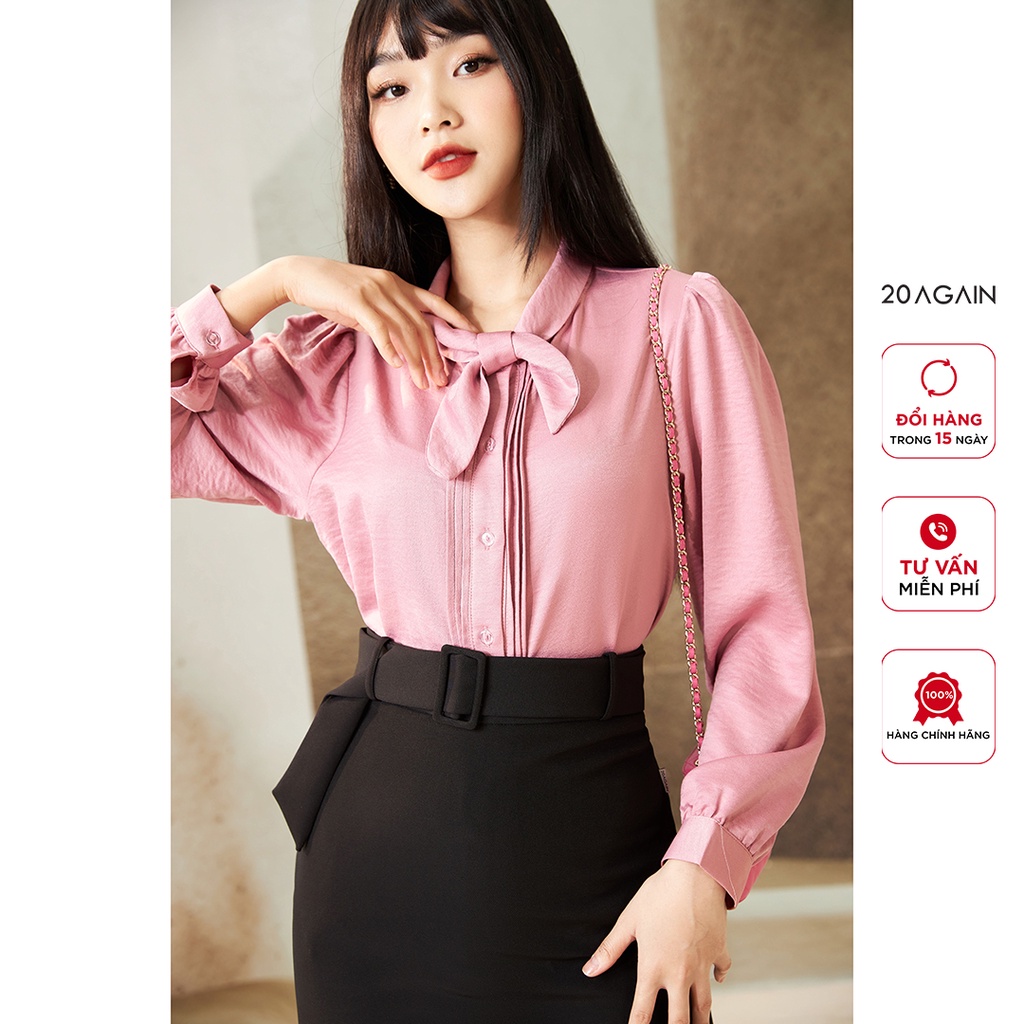 Áo sơ mi nữ dài tay nơ cổ 20AGAIN, tay bồng, gấp ly thân trước ASW0528