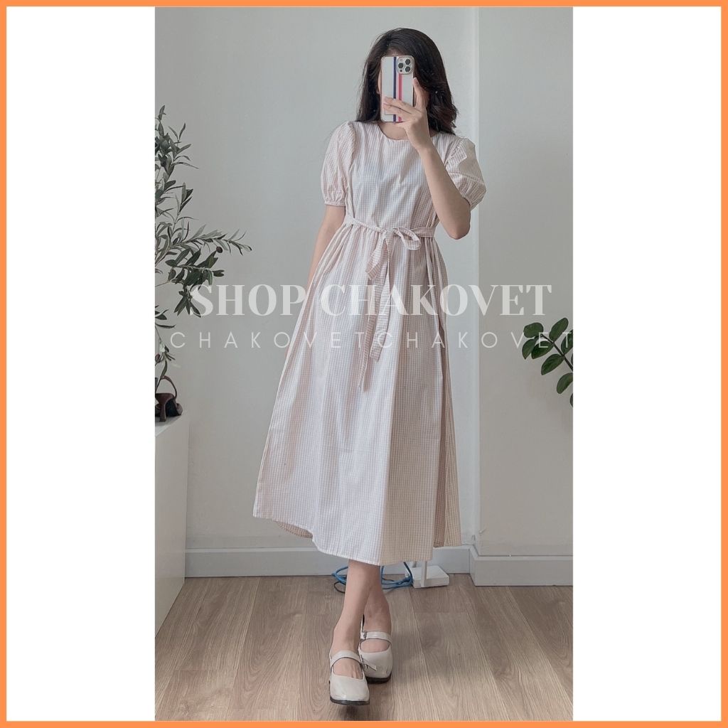 Đầm nữ cổ tròn cúc sau buộc nơ V8277 váy nữ dáng dài đi biển xinh quá gối cộc tay babydoll dự tiệc sang chảnh -CHAKOVET