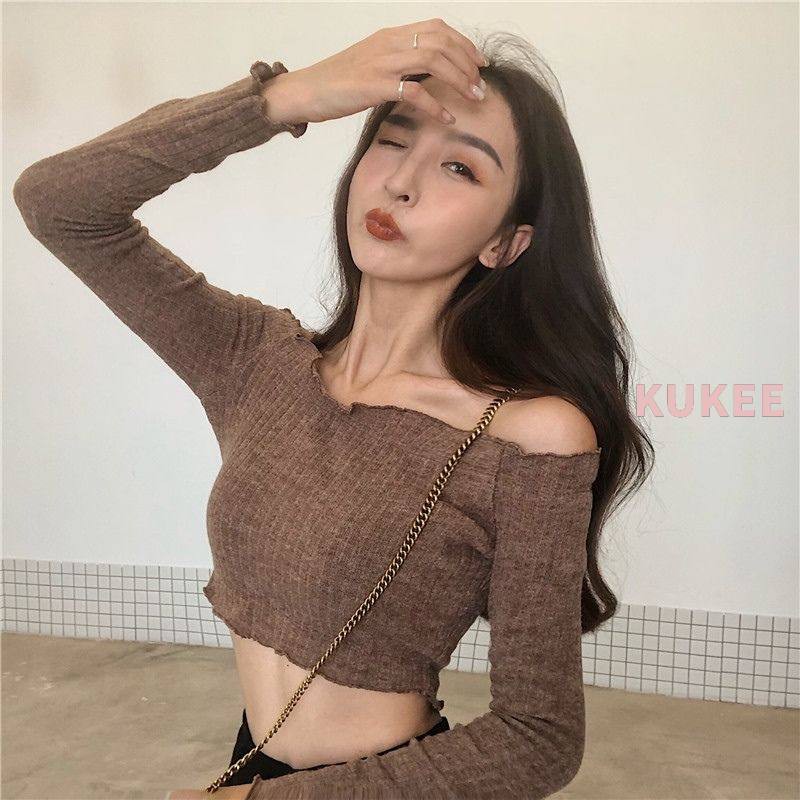 Áo Croptop Dệt Kim Tay Dài Thiết Kế Trễ Vai Quyến Rũ