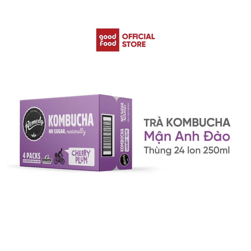 Trà hữu cơ lên men vi sinh Remedy Kombucha bổ sung lợi khuẩn – Vị Mận anh đào | thùng 24 lon 250ml