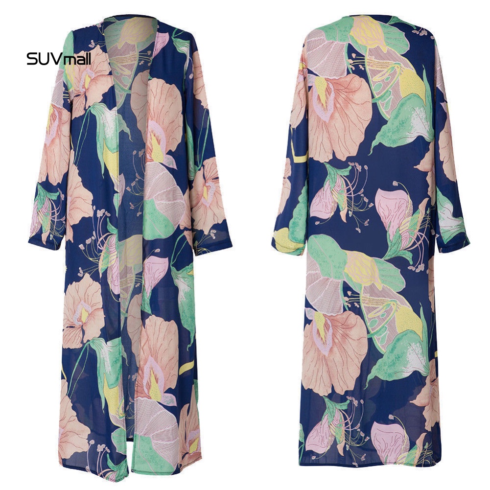 Áo Khoác Kimono Vải Voan Tay Dài In Hoa Thời Trang Đi Biển Cho Nữ