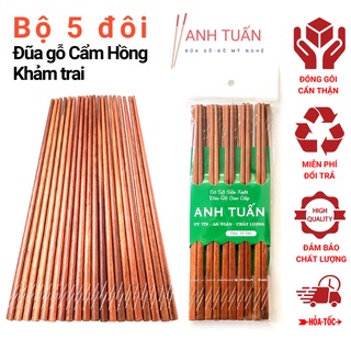 [Freeship] Bộ 5 đôi đũa gỗ Cẩm Hồng khảm trai cao cấp chống mốc kháng khuẩn