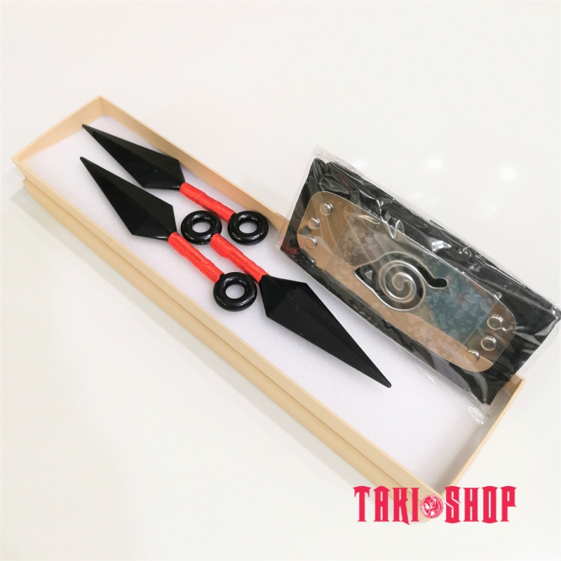 Bộ 4 Món: 3 Phi Tiêu Nhựa Kunai Naruto (Dây Đỏ) - Băng Trán Làng Lá