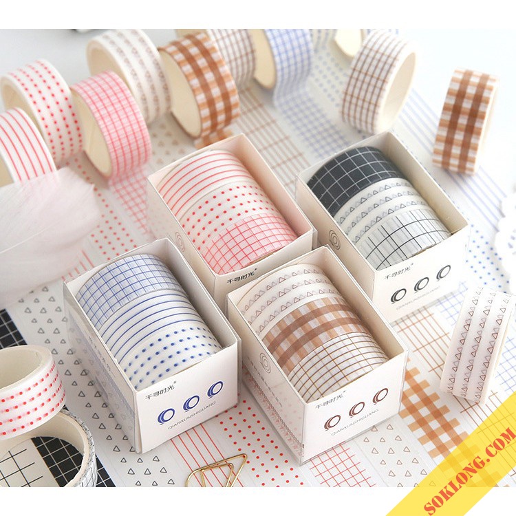 Set washi tape dài 3m họa tiết kẻ, chấm bi - bộ băng dính trang trí sổ Bullet Journal, thiệp