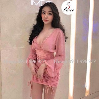 Đầm Body Tay Dài, Váy Ôm Body Cổ Sẻ, Có Dây Rút 2 Bên Hông Tôn Mông Cực Sexy Màu Hồng -KÈM ẢNH THẬT VÀ VIDEO [110]