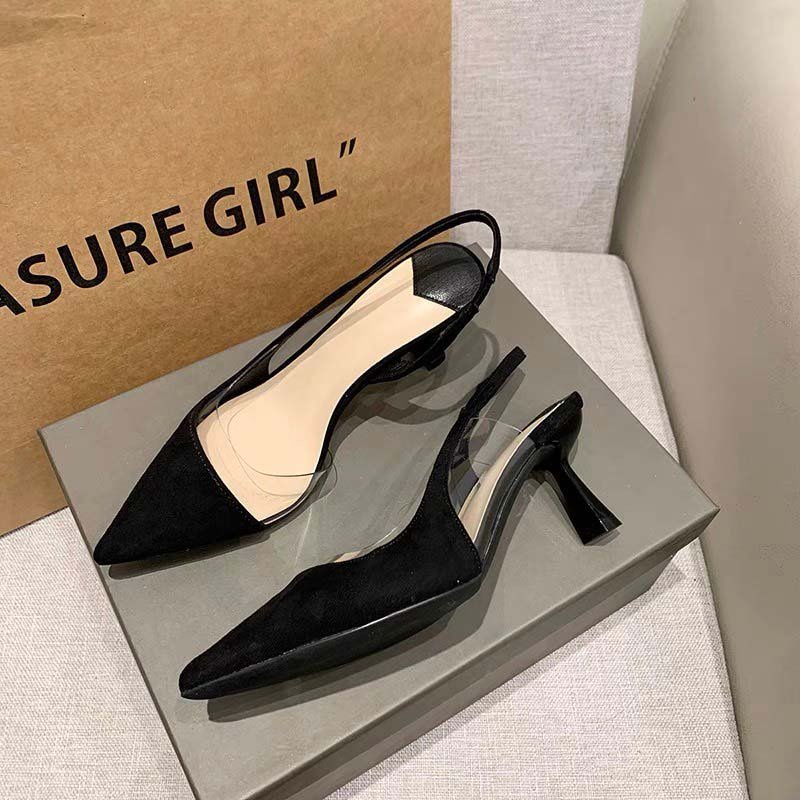 Giày cao gót sandal bít mũi màu đen, gót nhọn 6p phối mica xinh xắn OCNHI18