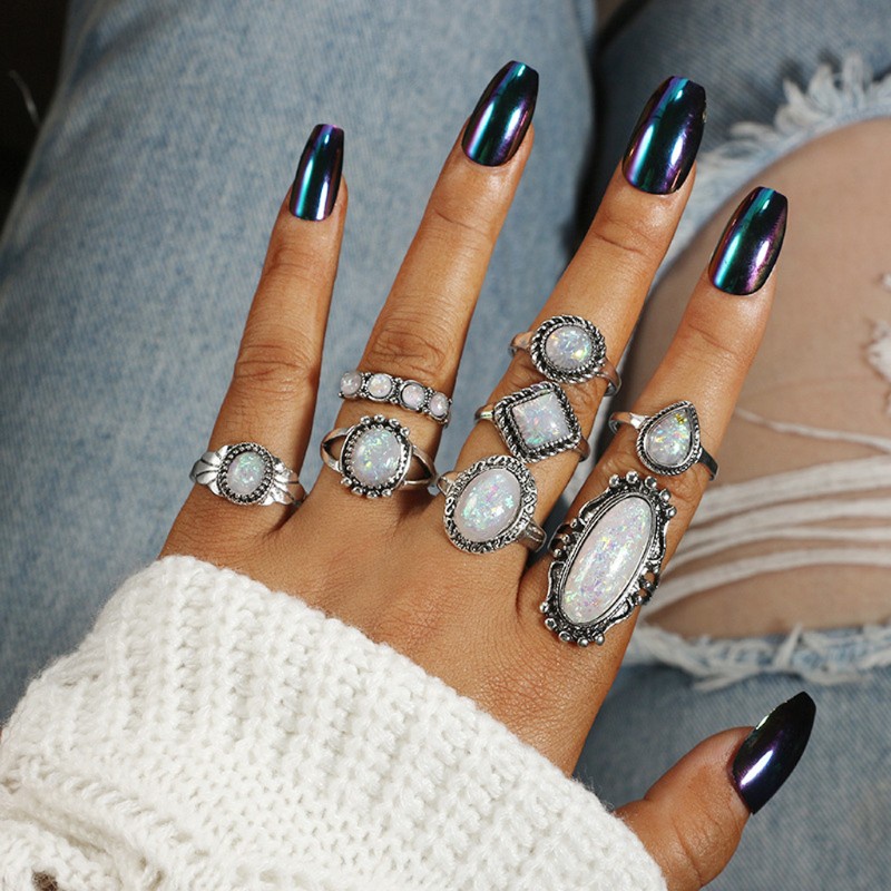 Set 8 nhẫn đeo đốt ngón tay đính đá nhân tạo phong cách boho