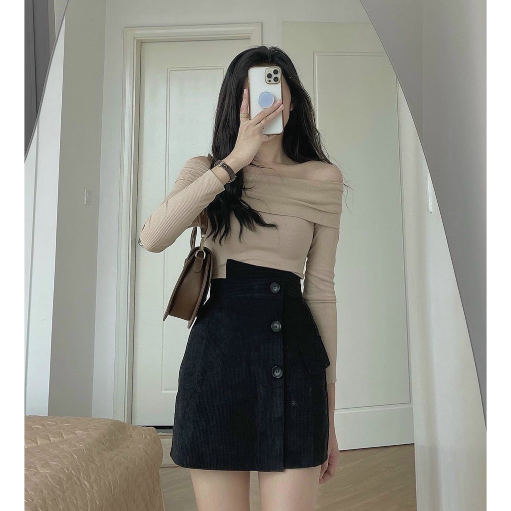 Chân váy nhung tăm dáng ngắn hàng QC vạt lệch Okella CV017 | BigBuy360 - bigbuy360.vn