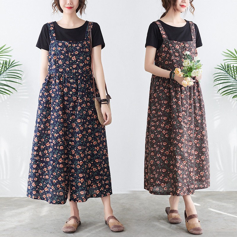 Rx Đầm Cotton Hai Dây Dáng Dài Qua Gối In Họa Tiết Phong Cách Vintage 9069 2021