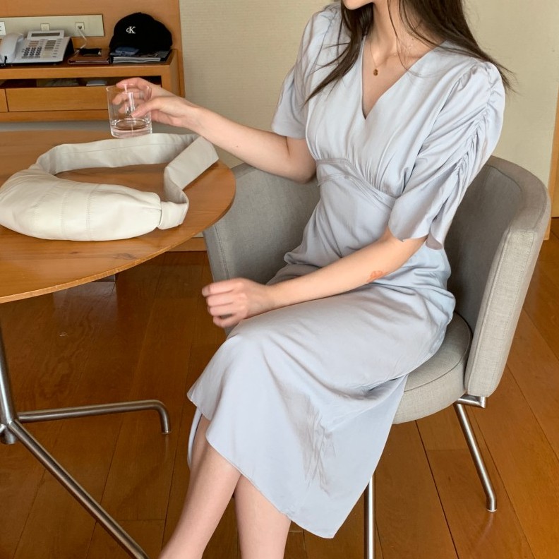 Đầm dáng dài Peppermint 42646 tay ngắn cổ chữ V phong cách Hàn Quốc thời trang cho nữ