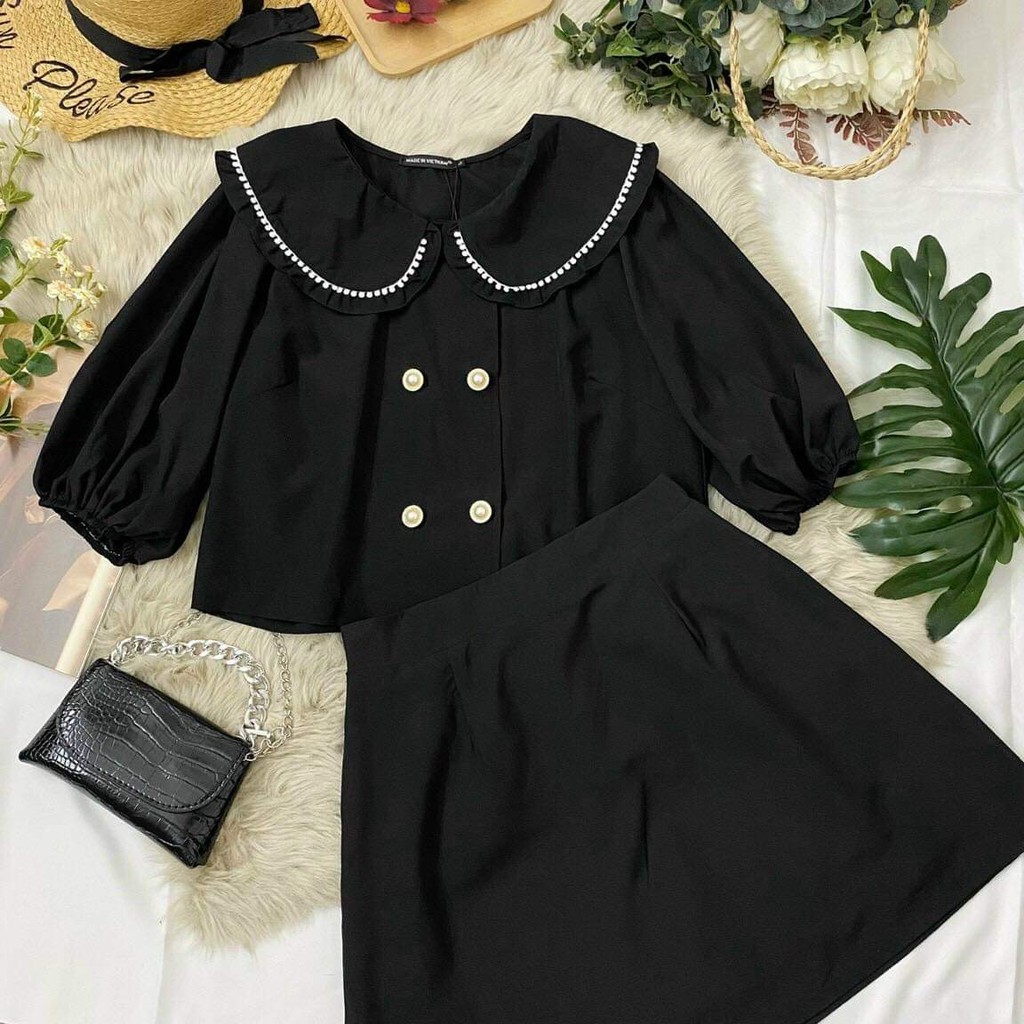 Set thiết kế cổ bèo phong cách vintage màu đen bigsize 55-90kg