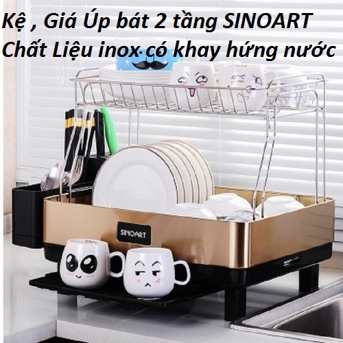 Giá , Kệ Úp Bát Đĩa inox 2 tầng SINOART , 46 x 35 x 38cm (dài x rộng  x cao) , Đồ dùng phòng bếp