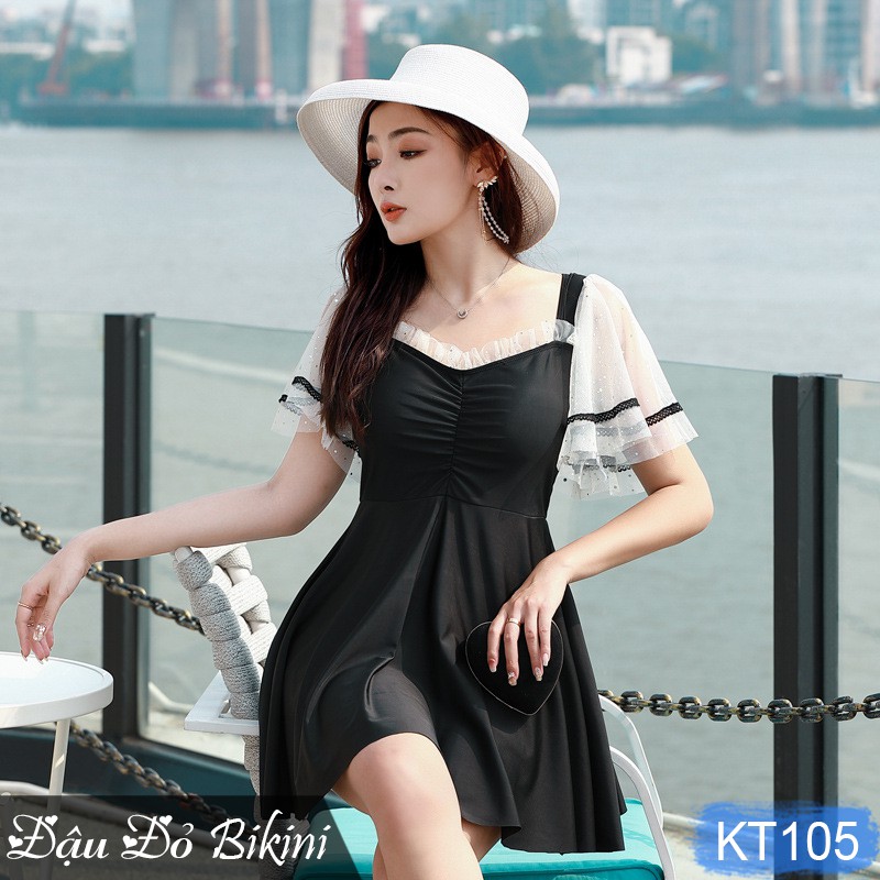 Đồ bơi nữ bigsize cho người mập, dáng váy xinh yêu tay ren điệu đà, bộ bơi size lớn chất đẹp, dấu bụng đùi tốt | KT105