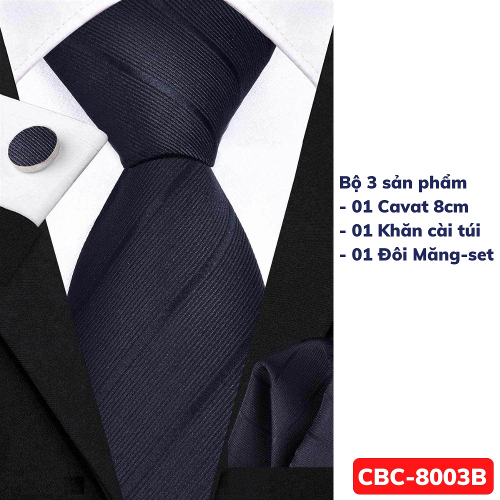 Bộ 3 món Cà vạt 8cm, Khăn cài túi áo vest, Măng-set cài tay Cravat công sở, Calavat chú rể