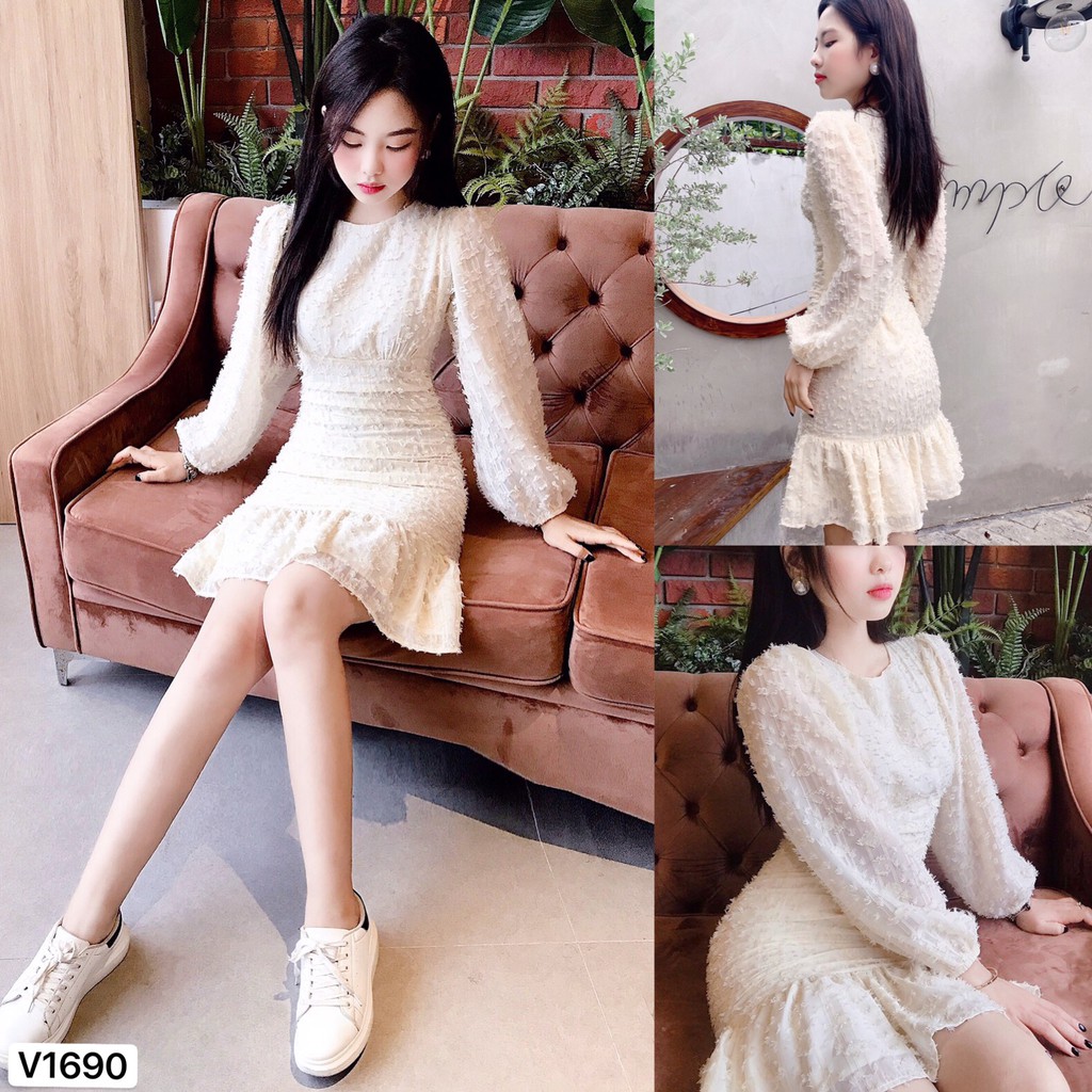 Váy kem đuôi cá V1690 - Đẹp Shop DVC (Kèm ảnh thật trải sàn do shop tự chụp)