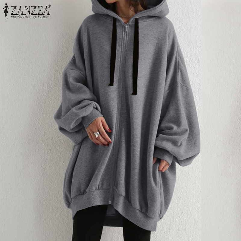 Áo khoác hoodie ZANZEA dáng rộng tay dài phối túi bên và khóa kéo trước phong cách đơn giản thời trang cho nữ