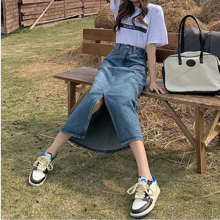 Chân Váy Jean Chữ A Lưng Cao Xẻ Tà Plus Size Thời Trang Mùa Hè Phong Cách Hàn Quốc Cho Nữ