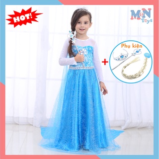 Váy công chúa Elsa kèm phụ kiện (vương miện, tóc, gậy phép) hóa trang Halloween cho bé gái