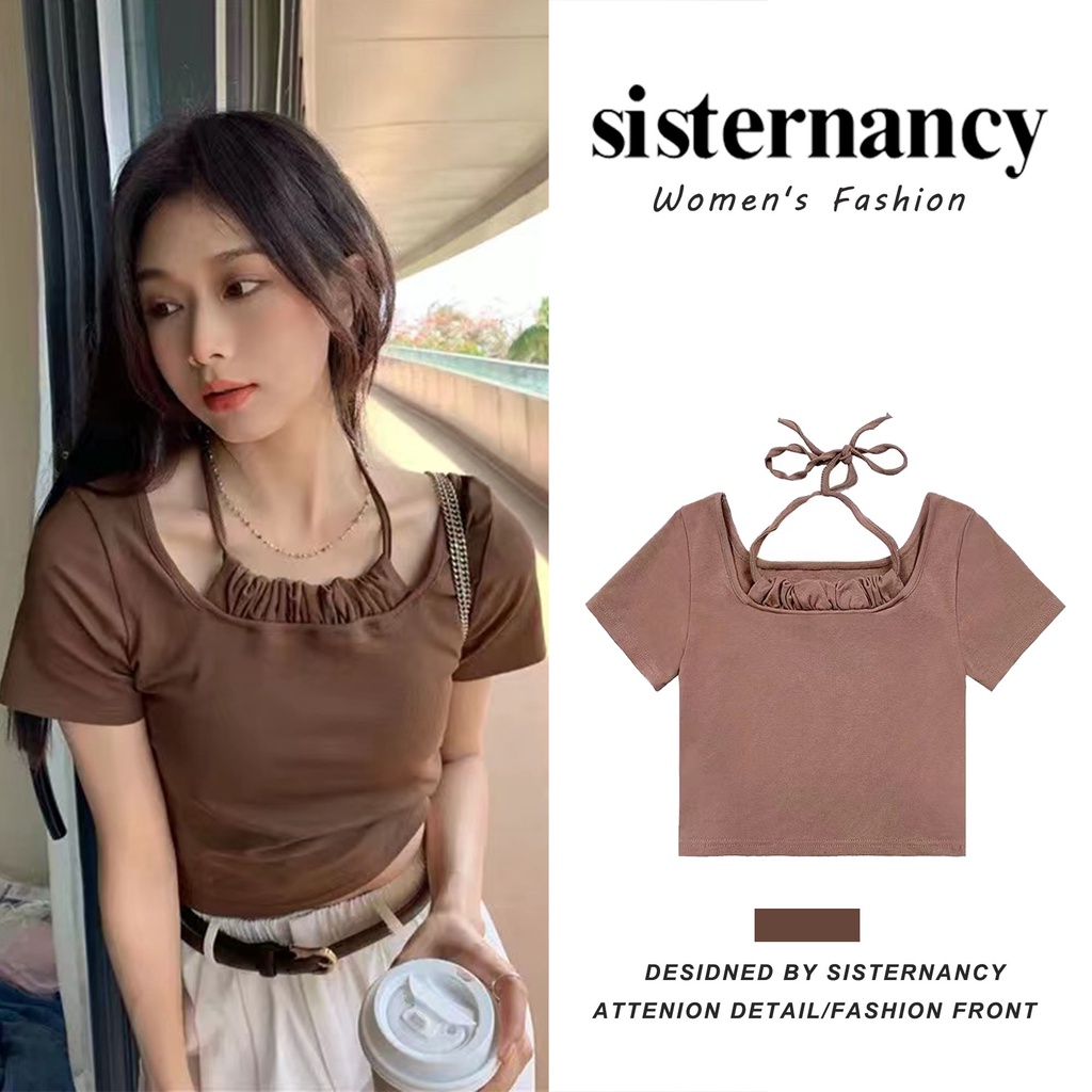 Áo thun COZOKC tay ngắn dáng ôm phối dây thời trang