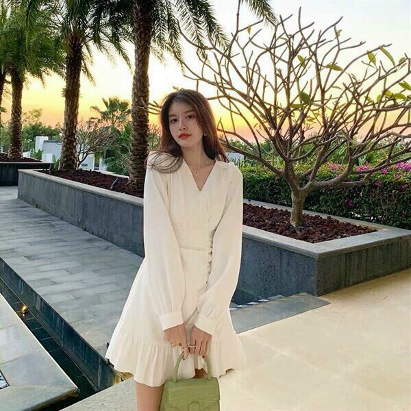 Đầm nữ cổ v tay phồng nhún đuôi cá,váy lai bèo xòe phong cách hàn quốc trẻ trung