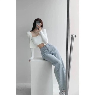 Quần Jeans cạp cao ba cúc ống suông