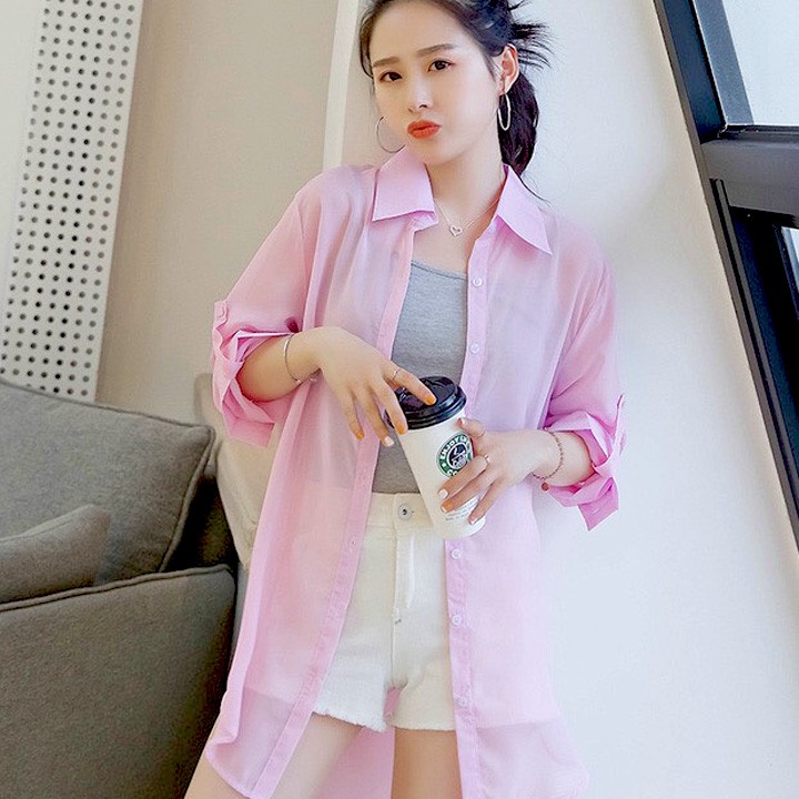 Áo ngủ sơ mi màu hồng đáng yêu với chất liệu voan cát xuyên thấu quyến rũ