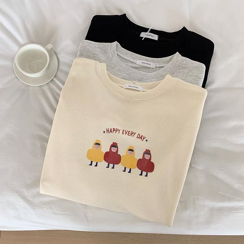 Sweater Happy Áo Sweater Nỉ Da Cá In Hình Con Gà Cổ Tròn Dáng Rộng Bo Gấu