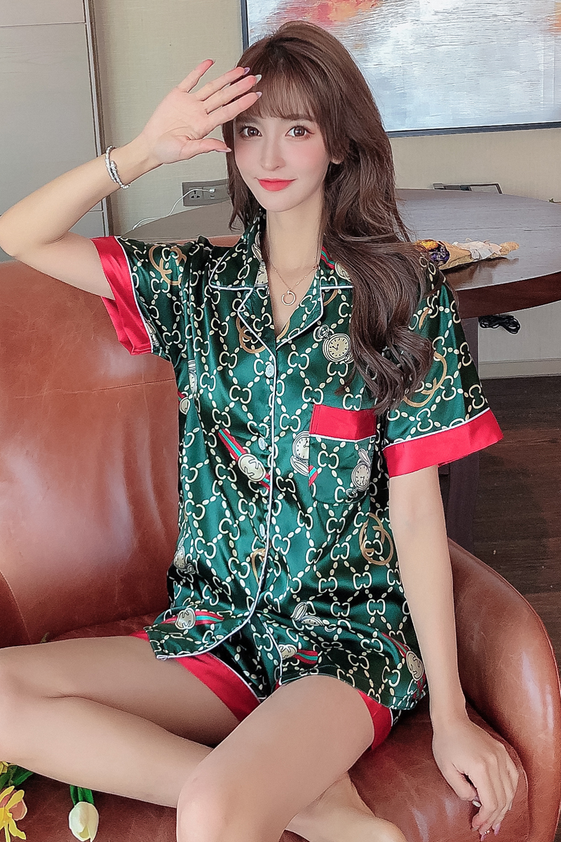 insKorean Style Pajamas Women's Summer Thin Ice Silk Short Sleeve Advanced Luxury Cool DoubleCLetter Silk Homewear