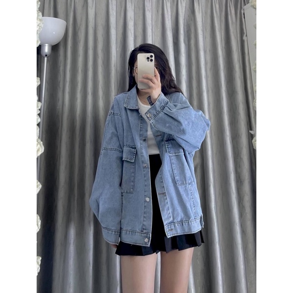 Áo khoác bò jean xanh nhạt túi trước hộp , chất demin from rộng xanh quảng châu-Minxy shop