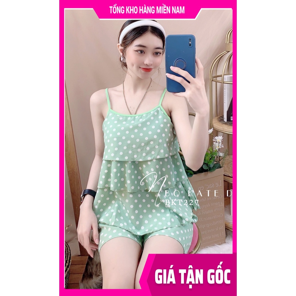 Đồ bộ 2 dây chấm bi cho nữ mặc nhà chất kate mềm mát dễ thương BKT227