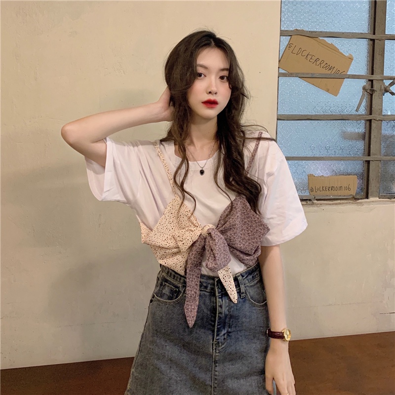 Áo Thun Tay Ngắn Dáng Rộng Phối Nơ Phong Cách Hàn Quốc