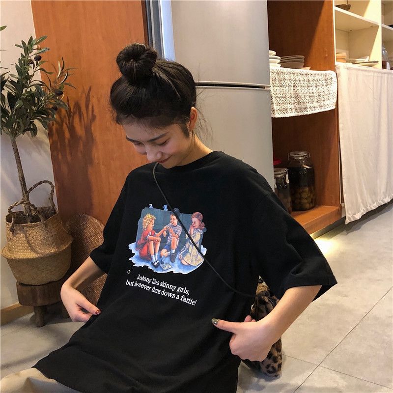 Áo thun tay ngắn cổ tròn dáng rộng in họa tiết phong cách mùa hè Hàn Quốc trẻ trung cho nữ