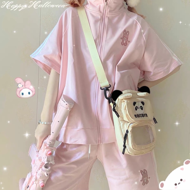 Set bộ áo thun khoá kéo+ quần đùi 3 sọc thêu hình gấu