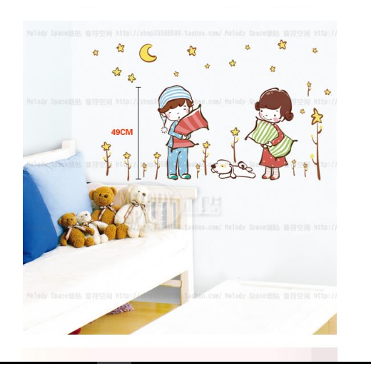 Decal trang trí tường - Bé Trai Bé Gái Good Night sao vàng