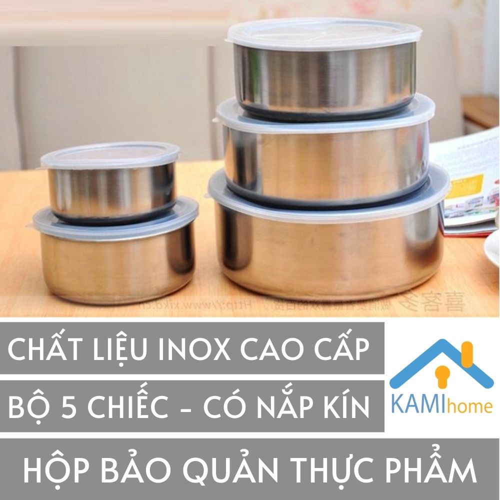 Bộ 5 hộp bảo quản thực phẩm Inox hình tròn Nắp chống tràn đựng thức ăn 20018