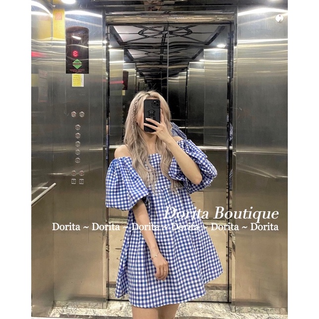 Váy trễ vai caro Daisy tay bồng Hàn Quốc, Đầm Caro xanh Daisy - Dorita Boutique | BigBuy360 - bigbuy360.vn