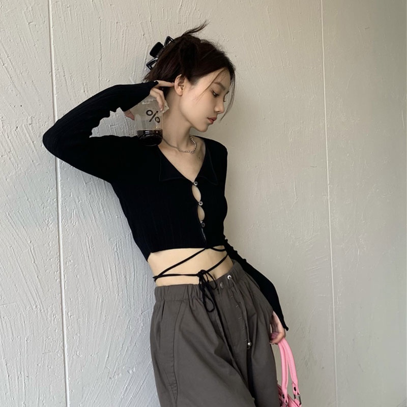 Áo Len Tay Dài Dáng Ôm Hở Rốn Thời Trang Hàn Quốc Dành Cho Bạn Nữ